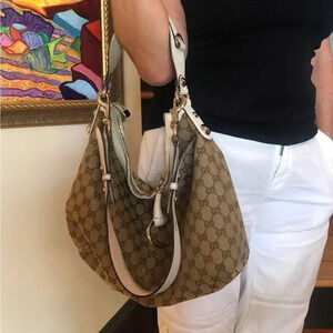 Gucci Horsebit Large Hobo GG Canvas Beige White Leather Trim Shoulder Bag